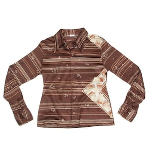 Vintage Disco Polyester Shirt 70&#39;s BRAAT Brown Art Deco Geometric sz Small /254