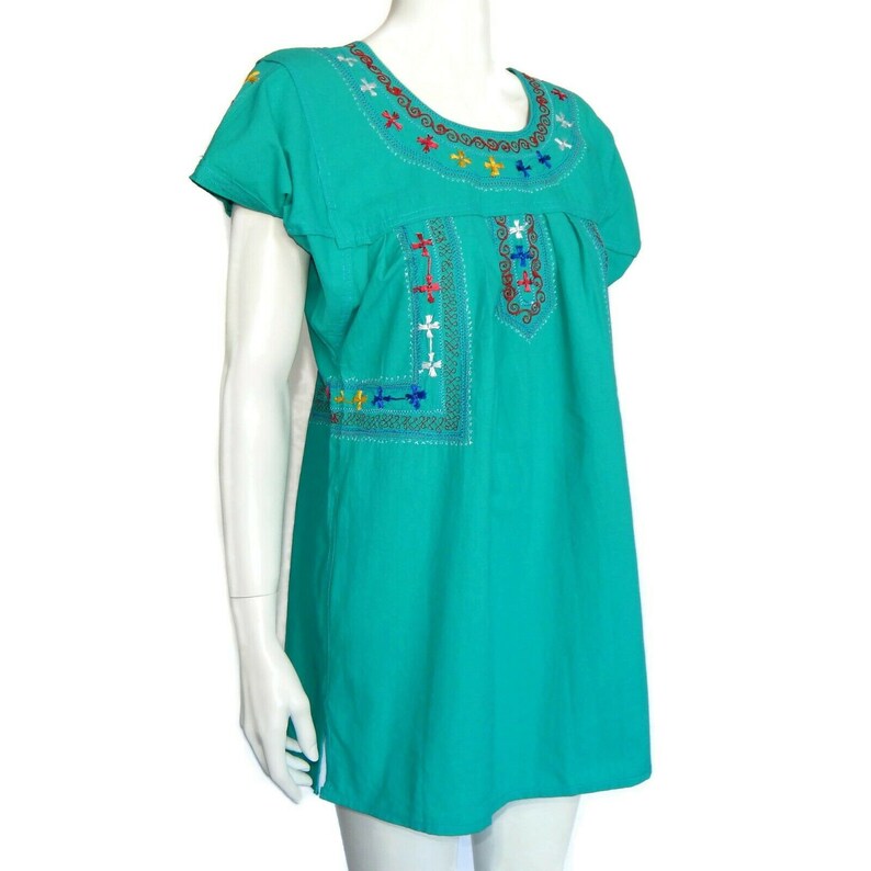 Vintage Mexican Embroidered Tunic Kahlo Dress Pretty Turquoise Blue sz XS/S 506 image 5