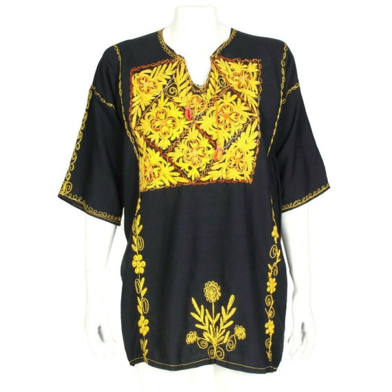 Vintage Embroidered Floral Mexican Black Tunic To… - image 1