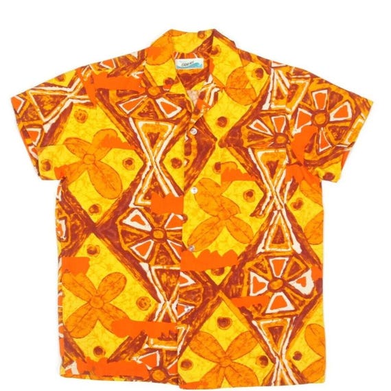 Vintage 60s PENNY'S Hawaiian Tiki Tribal Yellow Orange Brown