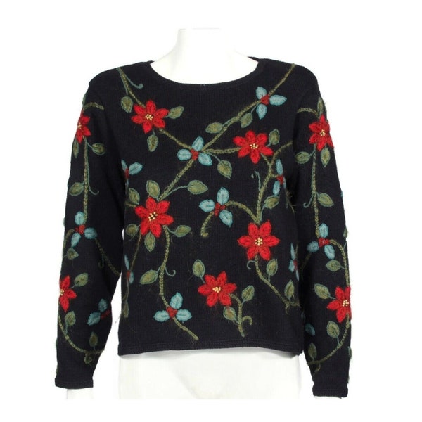 NORTHERN ISLES Black Red Floral Vine Cotton Mohair Heavy Sweater Womens sz S 066