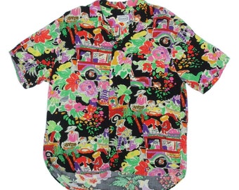 Vintage JAMS WORLD Prod. Dev. Villager Bus Farming Mens Rayon Shirt size L /696