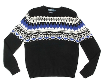 Vintage 90s POLO Ralph Lauren Mens Fair Isle Sweater Blue Black Nordic SZ L /528