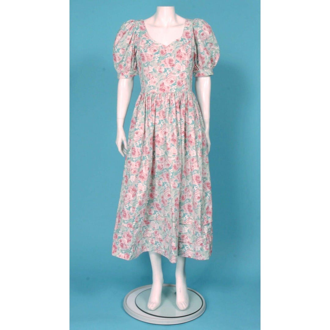 Adorable 80s Laura Ashley Floral Stripe Puff Sleeve Dress