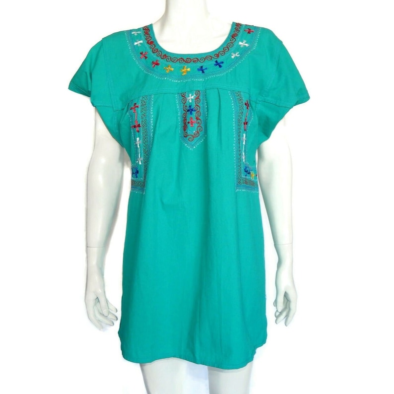 Vintage Mexican Embroidered Tunic Kahlo Dress Pretty Turquoise Blue sz XS/S 506 image 1