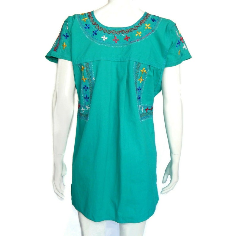 Vintage Mexican Embroidered Tunic Kahlo Dress Pretty Turquoise Blue sz XS/S 506 image 4
