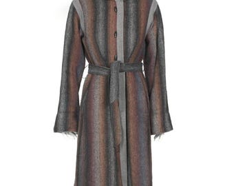 Abrigo vintage de los años 80 con capucha, cierre de palanca, rayas degradadas, lana, cinturón, talla M /912