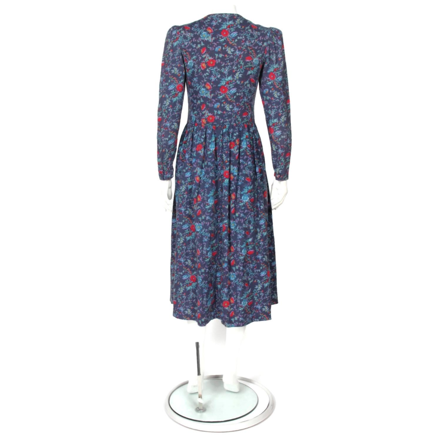 Vintage LAURA ASHLEY Blue Red Floral Corduroy Puff Shoulder Tea