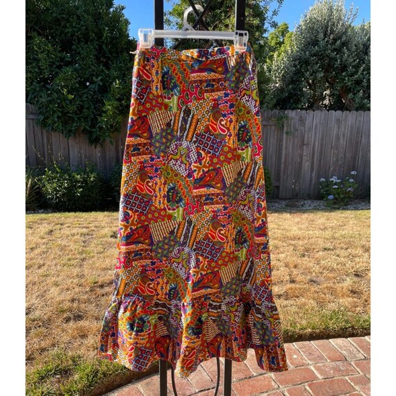Vtg 70s Rainbow Psychedelic Patchwork Print Ruffl… - image 4