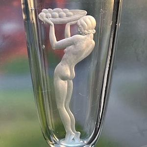 Kjellander 1940s Naked Woman Holding a Basket of Fruit, Engraved Swedish Lead Crystal Vase