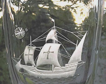 Kosta Sailing Ship Very Large Vase Engraved Glass Christopher Columbus Ship La Santa Maria Designed by Vicke Lindstrand