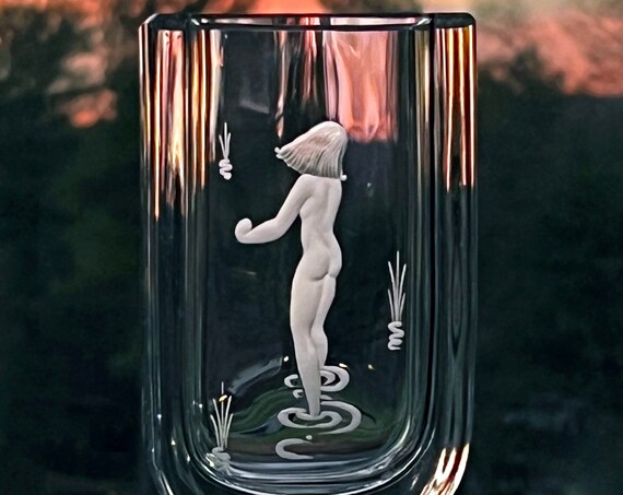 Kjellander Engraved Nude Woman, Vintage Swedish Glass Vase