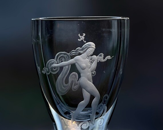 Kjellander Engraved Nude Woman, Vintage Swedish Glass Vase