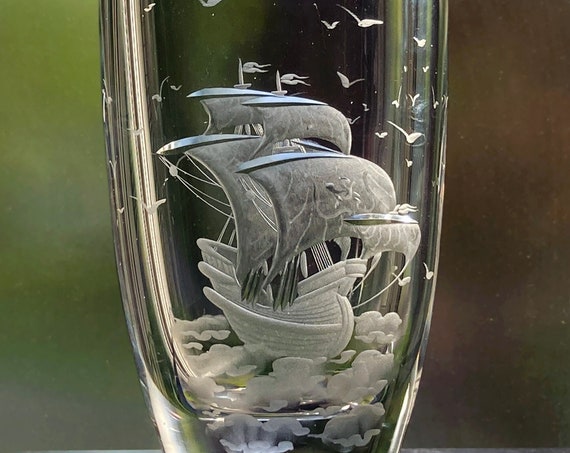 Kjellander Sailing Ship, Copper Wheel Engraved, Swedish Lead Crystal Vase, 1960s, Great Gift!