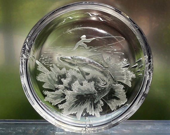Kjellander Shallow Bowl or Candy Dish, Copper Wheel Engraved Fishing Scene, Swedish Lead Crystal