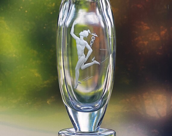 Kosta Bergh 1930s Engraved Crystal Pedestal Vase, Naked Hermes or Mercury, Perfect Gift