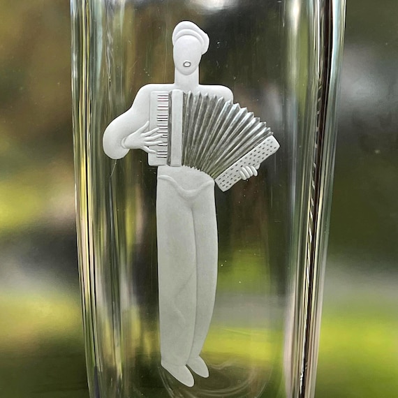 Rare Orrefors Lindstrand Man and Accordion Engraved Vase