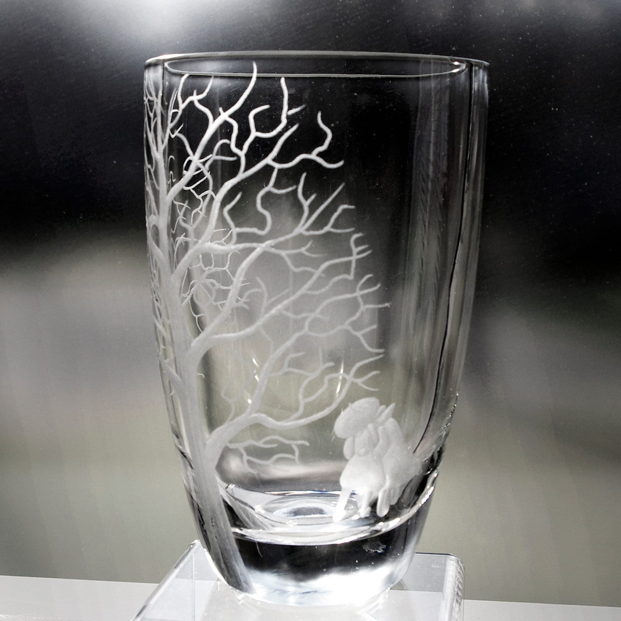 Ekenäs Swedish Engraved Crystal Vase Two People Under an Umbrella and a