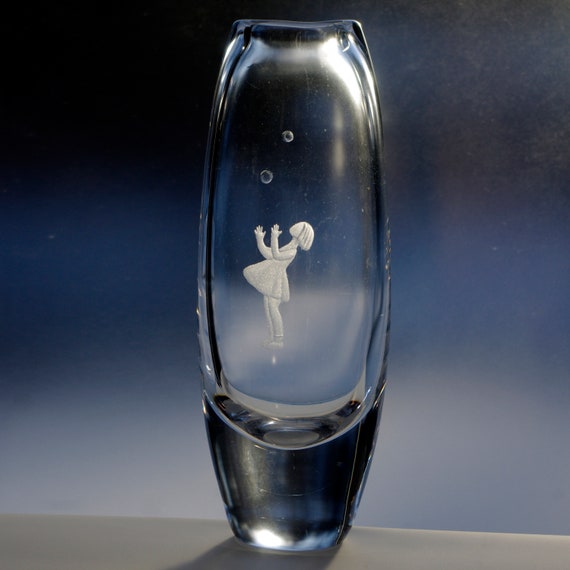 Kosta Crystal Vase Engraved With Girl Juggling Balls Etsy