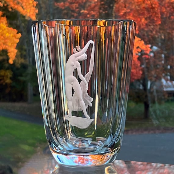 Orrefors Gate Vase With Engraved Nude Art Deco Swedish Crystal