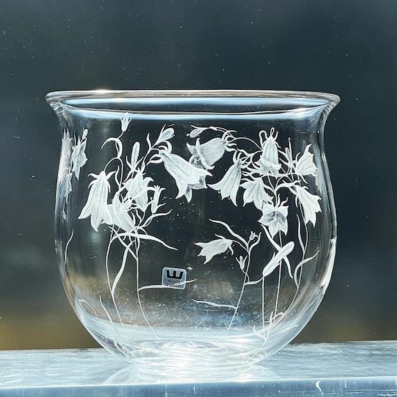 Kosta Bluebells Swedish Engraved Crystal Bowl Sig Persson and Lisa Bauer