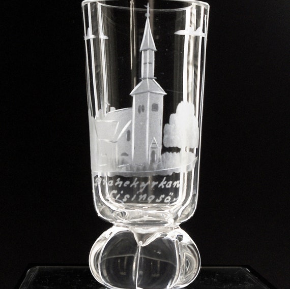 Swedish Engraved Glass Mini Vases Souvenir Provincial Buildings and Churches