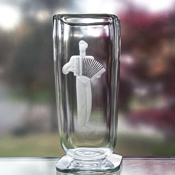 Rare Orrefors Lindstrand Man and Accordion Engraved Vase