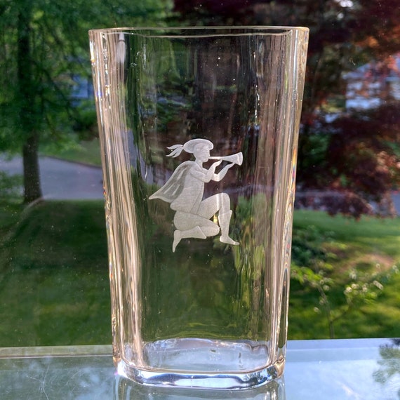 Johansfors 1940s Swedish Glass Vase with Engraved Regal Trumpet Player