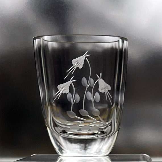 Smålandshyttan Swedish Vase Flowers Engraved on Small Decorative Glass Mini Vase