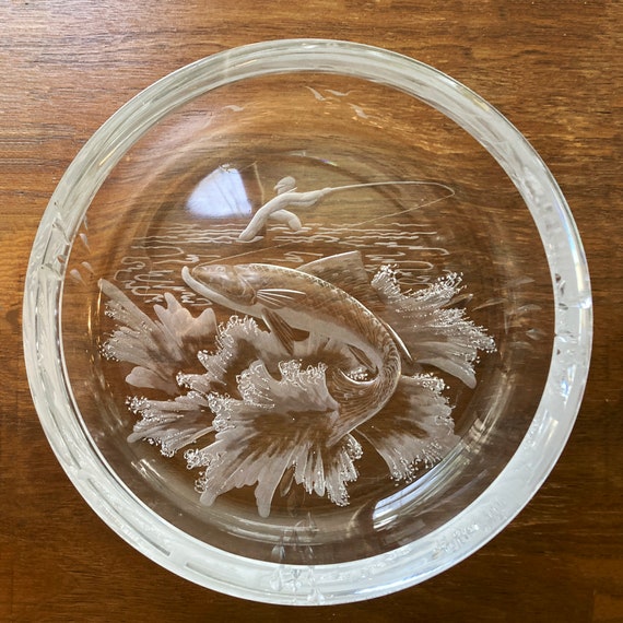 Engraved Fishing Scene, Swedish Lead Crystal Dish by Kjellander