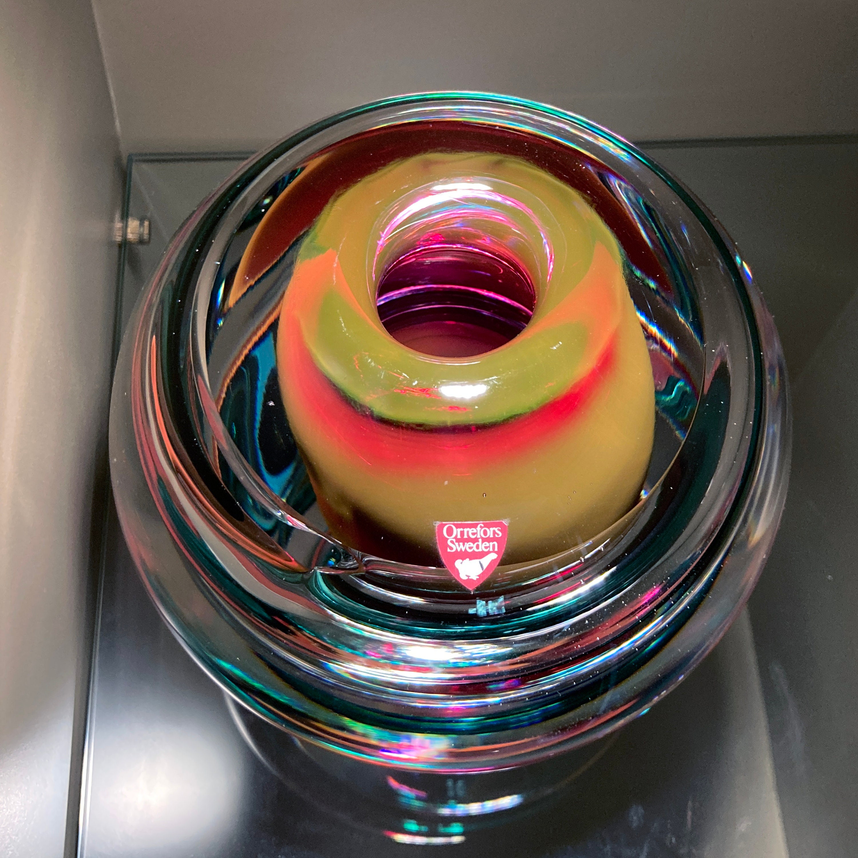 Lars Hellsten Glass Globe Vase, Hand Blown, Teal and Ruby Lars Hellsten Glass Globe Vase, Hand Blown, Teal and Ruby