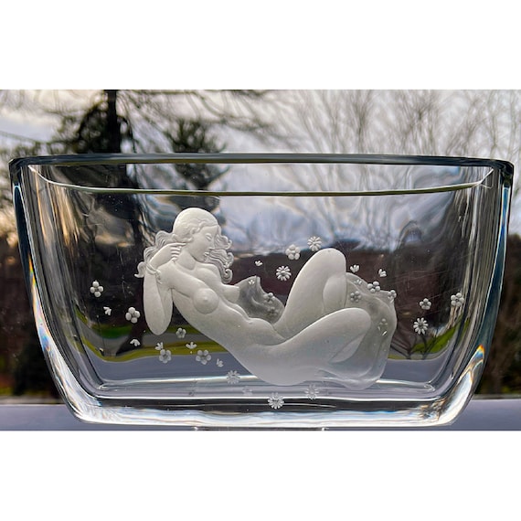 Orrefors Nude Woman 1940s Engraved Crystal Rectangular Vase, Letter Holder, Jardiniere by Sven Palmqvist