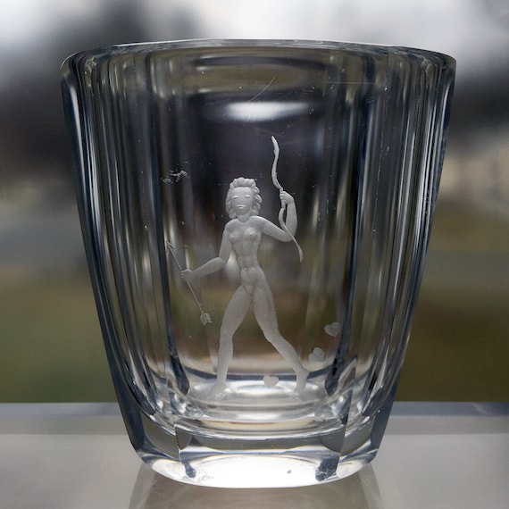 Orrefors Palmqvist Nude Woman Archer Lead Crystal Vase, 1945 Design From Sweden