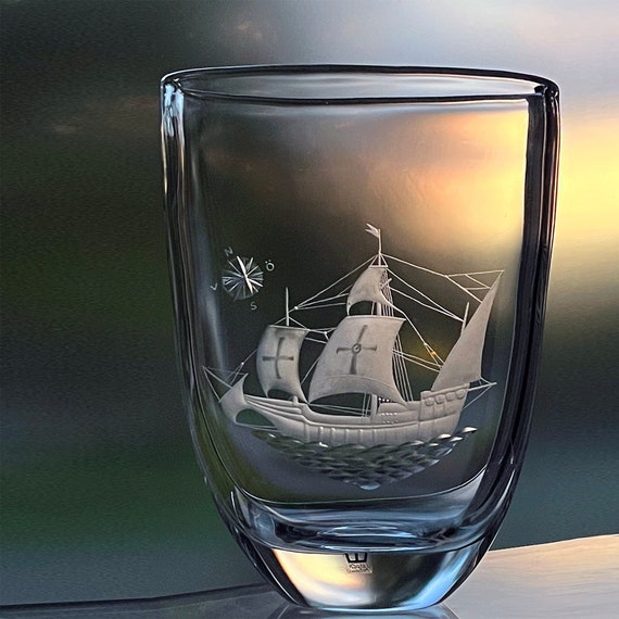 Kosta Lindstrand &quot;La Santa Maria&quot; Very Large 1950s Swedish Vase Engraved Christopher Columbus Ship
