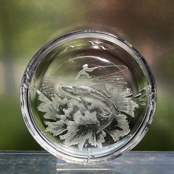 Kjellander Shallow Bowl or Candy Dish, Copper Wheel Engraved Fishing Scene, Swedish Lead Crystal