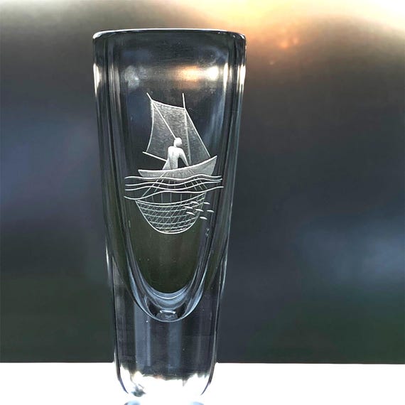 Skruf Edenfalk Fisherman and Boat, Engraved Swedish Vase 1970s