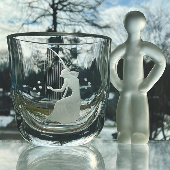 Orrefors Crystal Vase with Engraved Lady Playing Harp by Öhrström