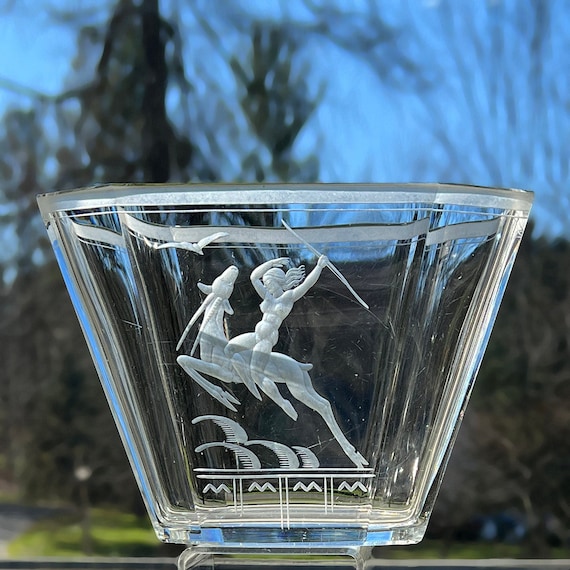 Elme Weidlich Nude Riding a Stag, Diana the Huntress, Swedish Crystal Vase 1930s