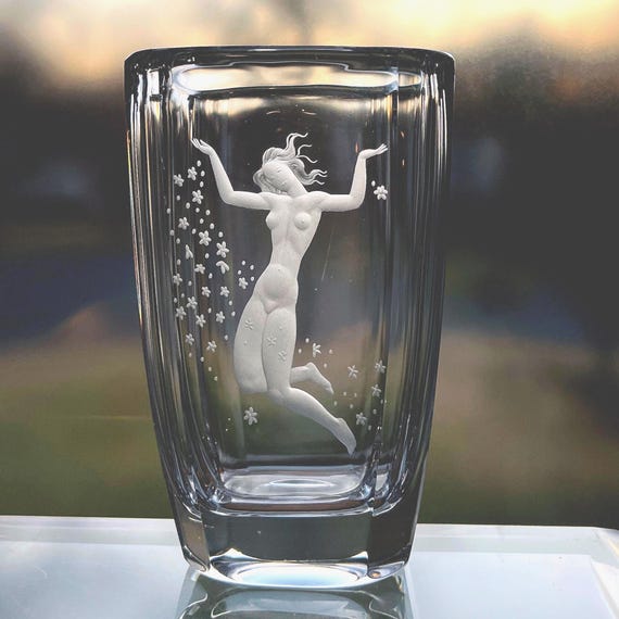 Orrefors Nude Woman Engraved Crystal Vase Sweden by Lindstrand