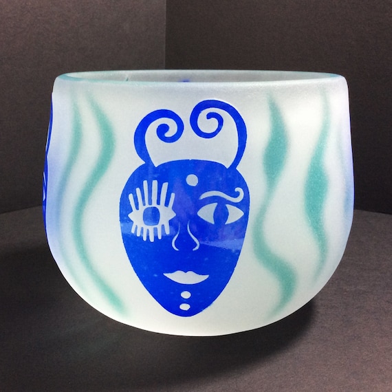 Fellerman Raabe Rare 1990's White Cameo Glass Bowl with Blue Carved Faces, Perfect Gift