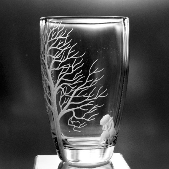 Ekenäs Swedish Engraved Crystal Vase Two People Under an Umbrella and a Tree