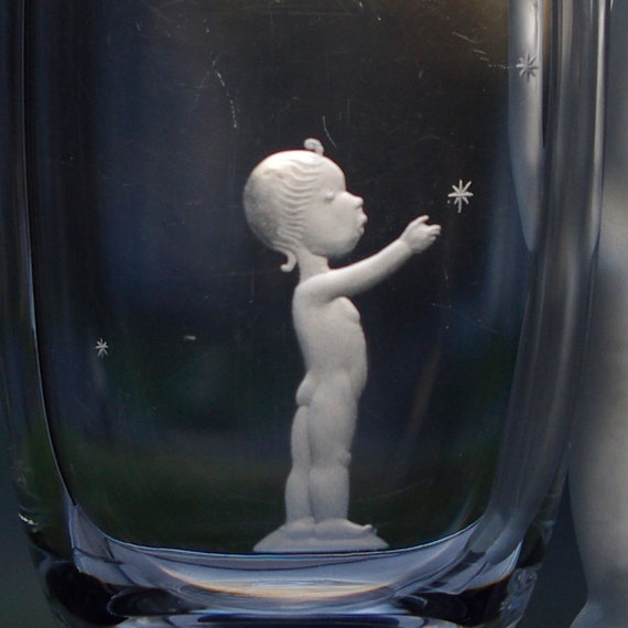 Kjellander Child and Stars Engraved on Swedish Art Glass Vase Nude