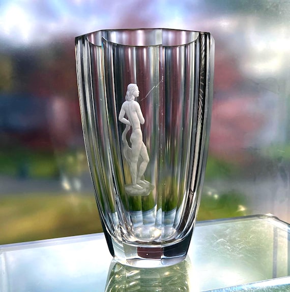 Orrefors Engraved Nude Man on a Large Swedish Crystal Vase