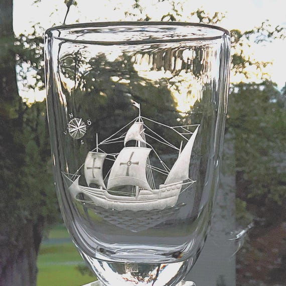 Kosta Sailing Ship Very Large Vase Engraved Glass Christopher Columbus Ship La Santa Maria Designed by Vicke Lindstrand