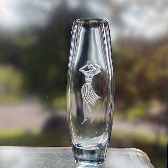 Norway Engraved Vase, Pale Blue Glass with Topless Dancer Randsfjord Hadeland Magnor
