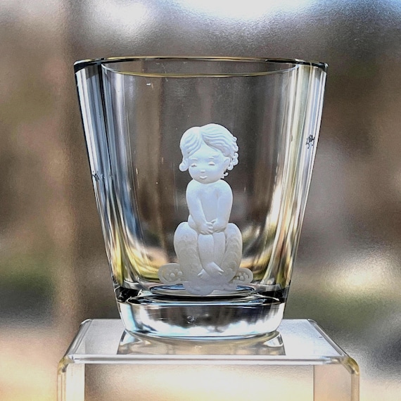 Kjellander Small Child Engraved on Swedish Art Glass Vase