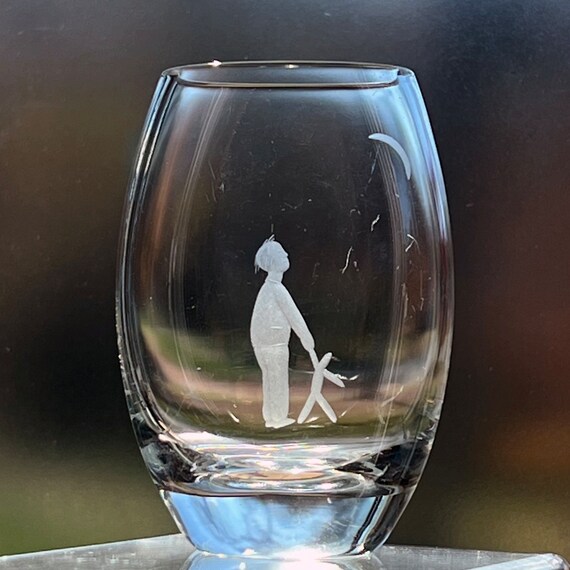 Child Holding a Teddy Bear Small Swedish Engraved Crystal Vase