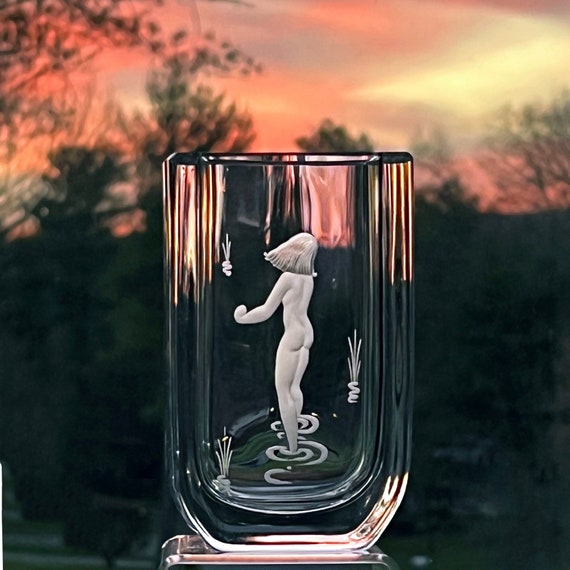 Kjellander Engraved Nude Woman, Vintage Swedish Glass Vase