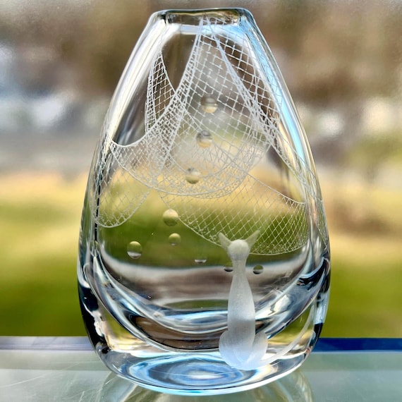 Kosta Cat and Fishing Nets Engraved Swedish Vase