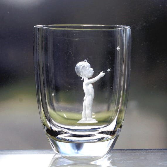 Kjellander Child and Stars Engraved on Swedish Art Glass Vase Nude